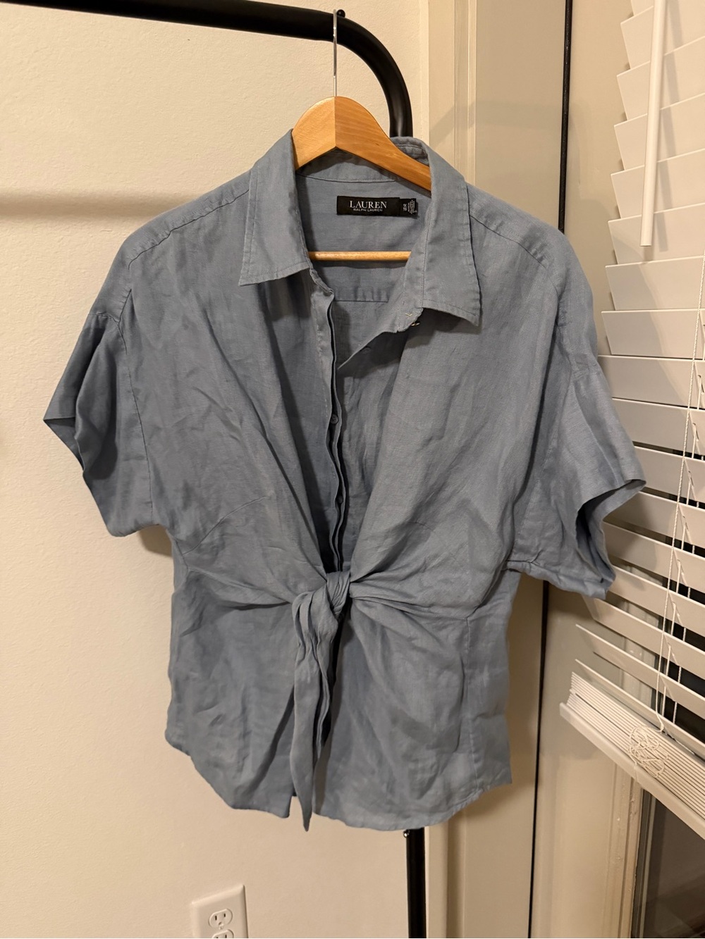 Lauren Ralph Lauren 100% Linen Tie Front Blue Short Sleeve Blouse Size 1X